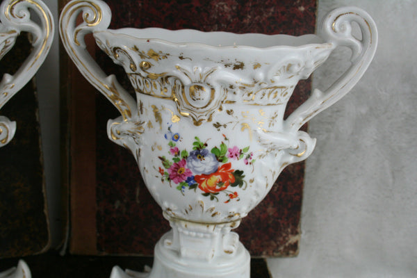 Antique French pair vieux paris old porcelain floral vases 1900 marked