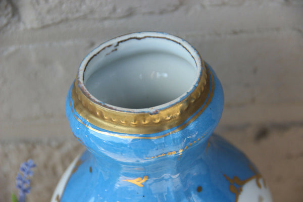 Antique PAIR French vieux paris pastel blue hand paint floral decor Vases