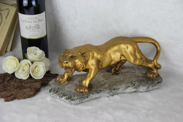 French art deco chalware gold gilt panther tiger sculpture 1930's
