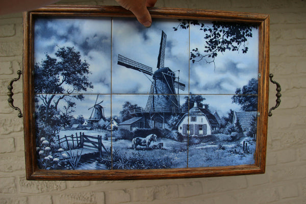Vintage DELFT Blue white pottery tiles landscape scene serving tray plate