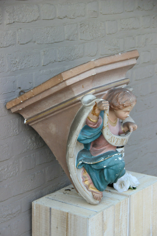 Huge Religious Church antique Plaster polychrome wall console angel