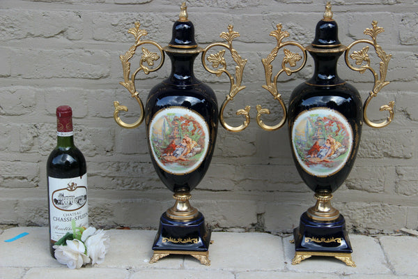 PAIR XL French cobalt blue limoges porcelain Vases victorian romantic decor