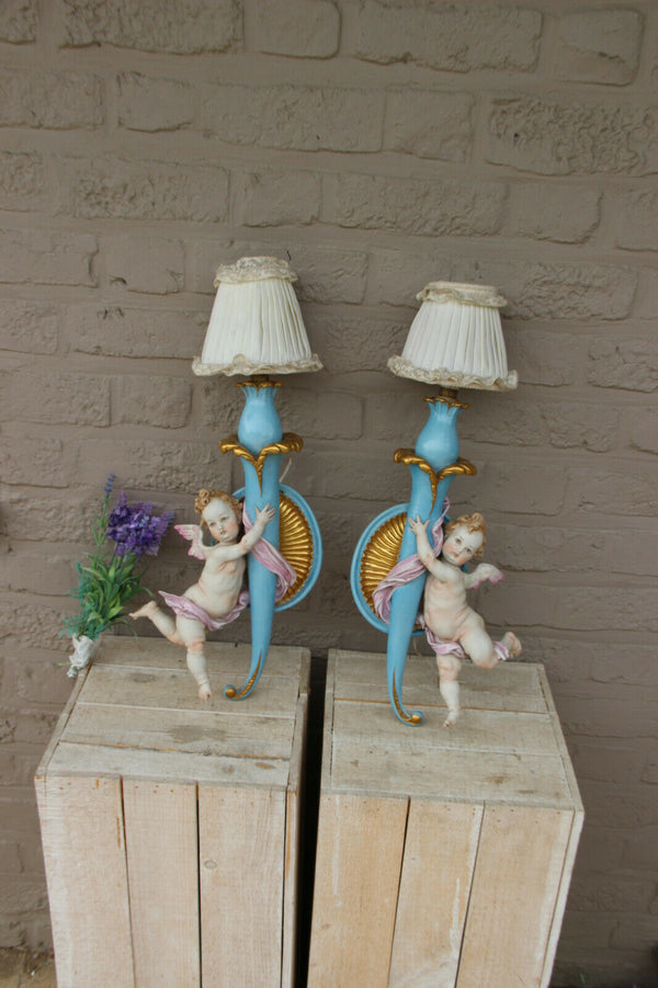 PAIR antique  capodimonte porcelain marked putti angel Sconces wall lights rare