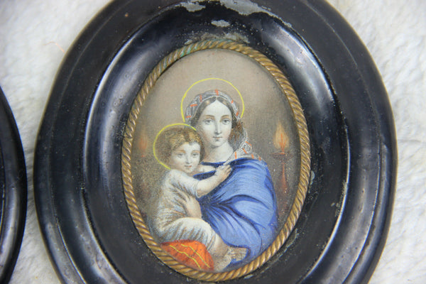 PAIR antique 1900 Miniature portrait holy family jesus mary joseph religious