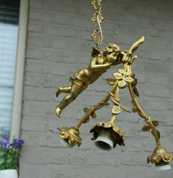 Antique French Bronze Winged putti angel figurine chandelier pendant lamp 3 arm