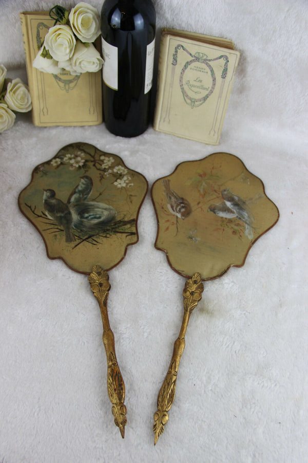 PAIR 19th c Antique French silk paint birds Fireplace screen face napoleon III