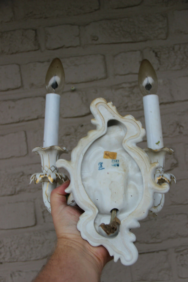 PAIR antique German Dresden porcelain marked majolica flowers wall sconces light