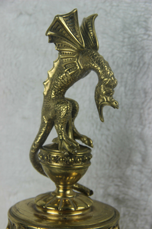 Antique french copper mantel clock gothic dragon chimaera crawling top