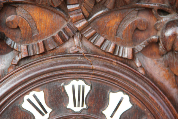 XL Top antique BLACK FOREST wood carved Wall clock Floral decor