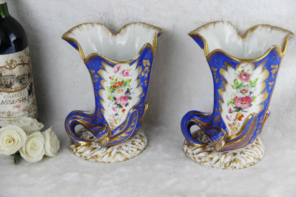 PAIR jacob petit marked Cornucopia horn Vases vieux paris porcelain hand paint