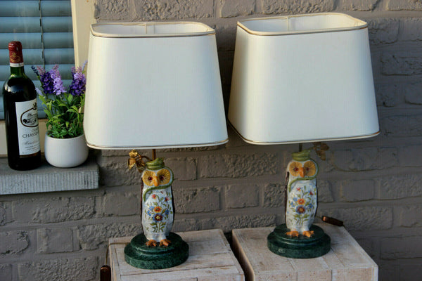 PAIR french hollywood regency rouen Ceramic polychrome owl Figurine table lamps