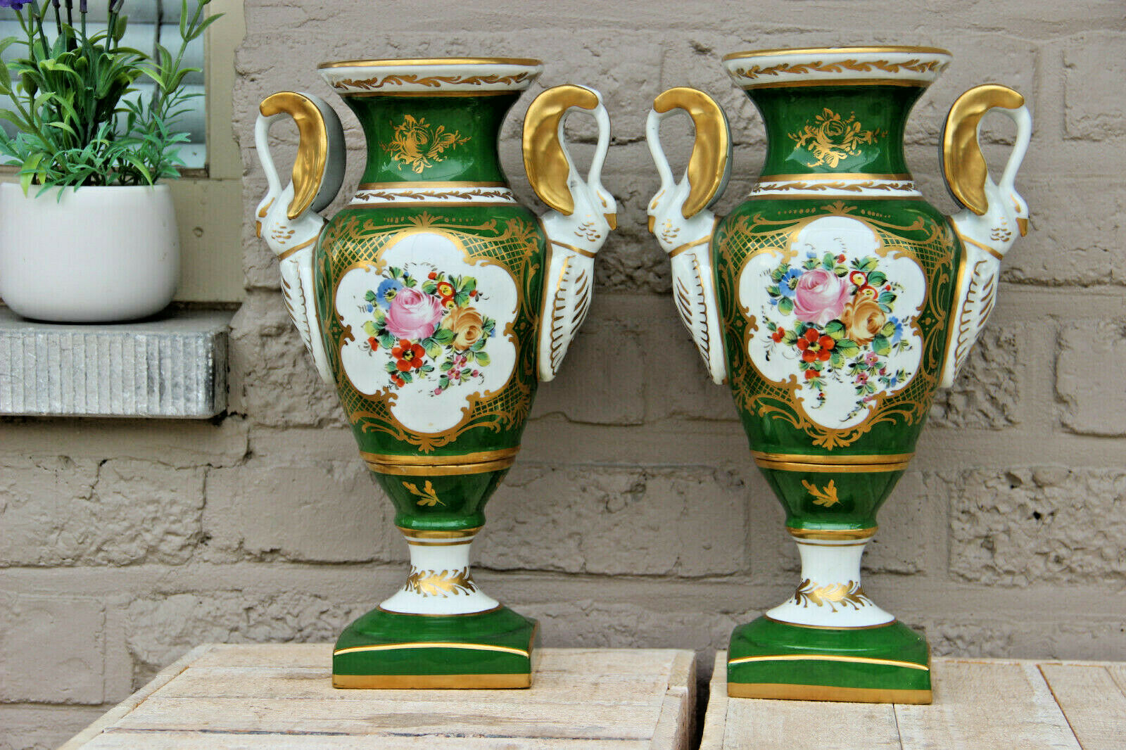 Antique Pair French vieux paris porcelain Floral vases Empire swan handle