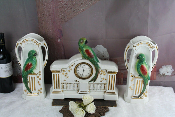 ART DECO 1930 Belgian Faience porcelain Parrot birds Vases clock set marked