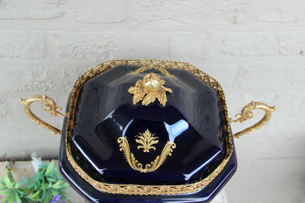 French Limoges cobalt porcelain centerpiece lidded bowl vase Victorian scene