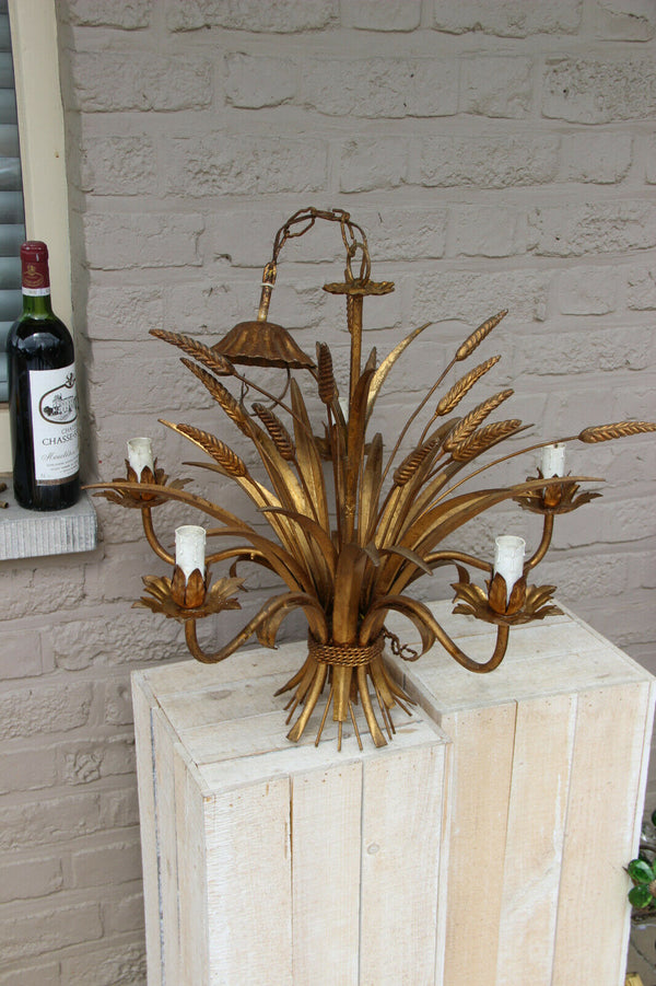 Vintage Florentine metal golt gilt 1970 Wheat sheaf bouquet chandelier lamp