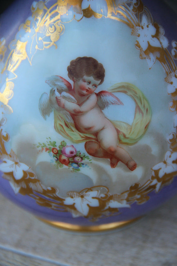 Antique french hand paint putti angel opaline purple glass vase rare 19thc