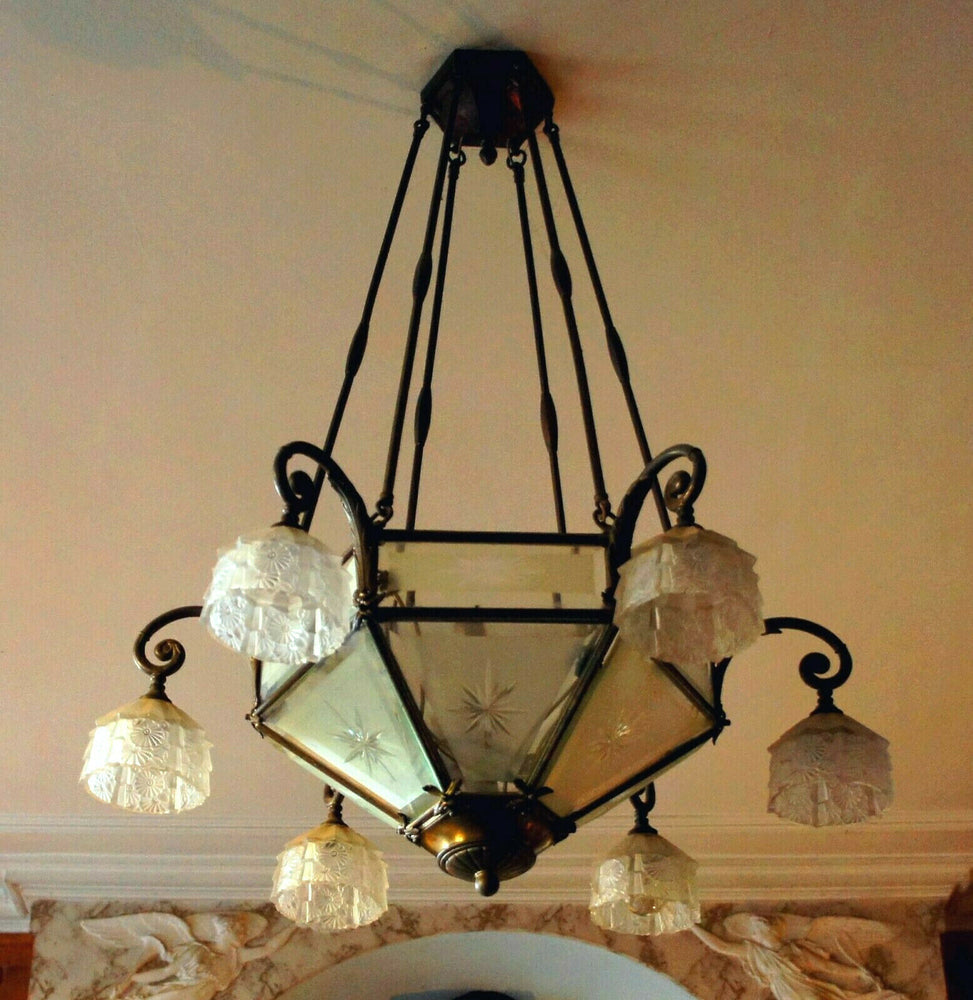 Antique French ART DECO 1930 Bronze Glass crystal cut chandlier 7 light