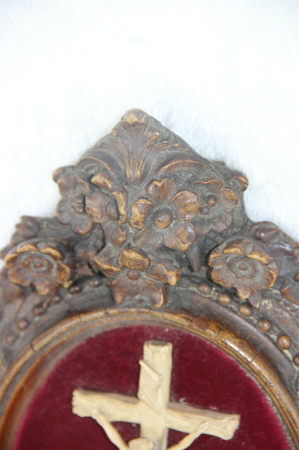 Antique 1880 Napoleon III Crucifix cross religious wood carved velvet