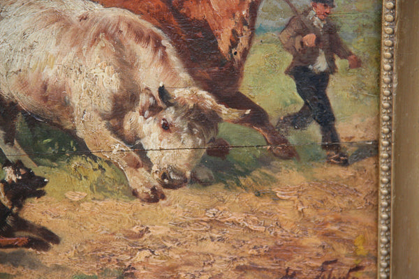 Antique oil on panel HENRY SCHOUTEN painting farmer and his dog bulls signed