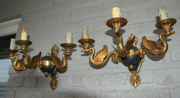 Majestical pair French bronze swan empire animal 3 arm wall sconces lights rare