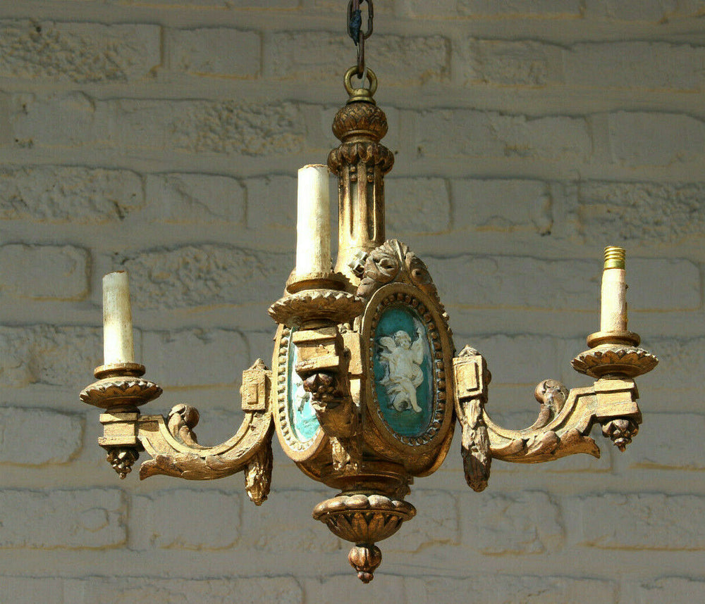 Antique French Wood carved  chandelier putti Angel scenes medaillon wedgwood