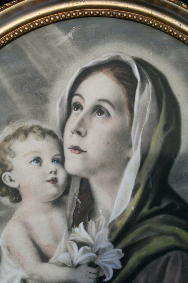 Antique Religious 19thc PASTEL Madonna with child Italian school painting oval