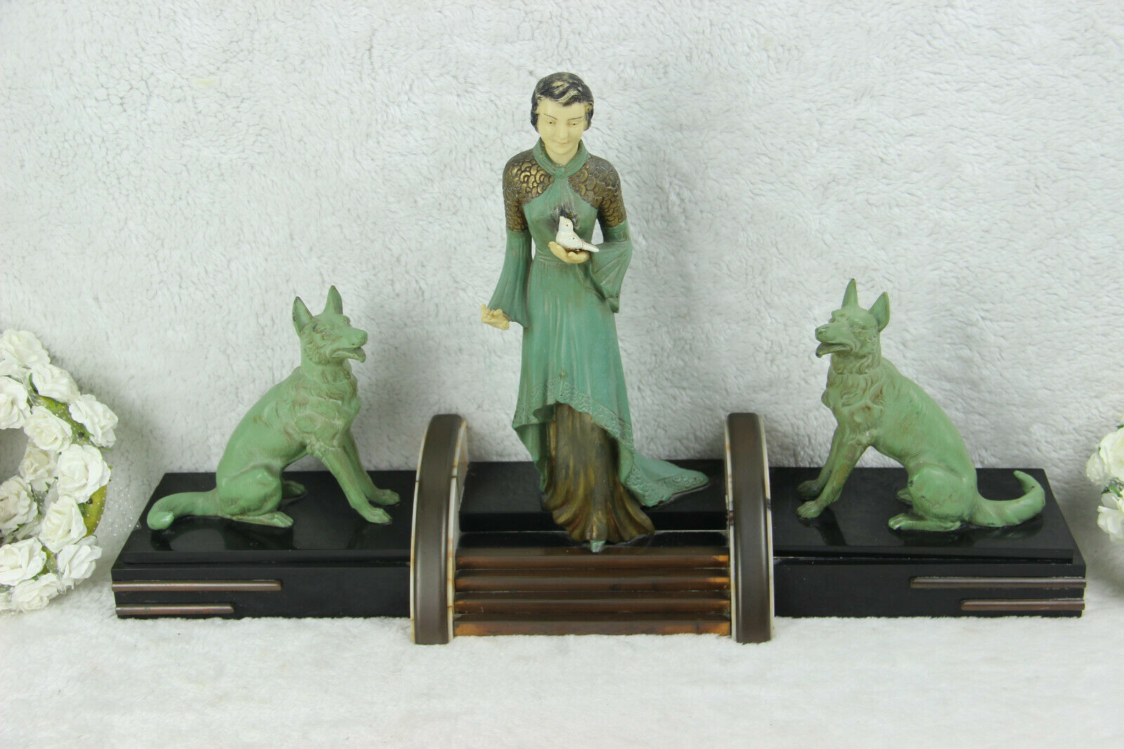 XL antique French art deco 1930 spelter marble lady bird dogs statue signed