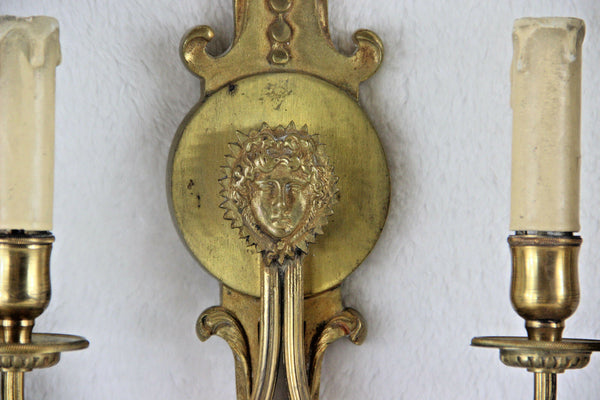 PAIR bronze empire head portrait wall sconces lights France antique