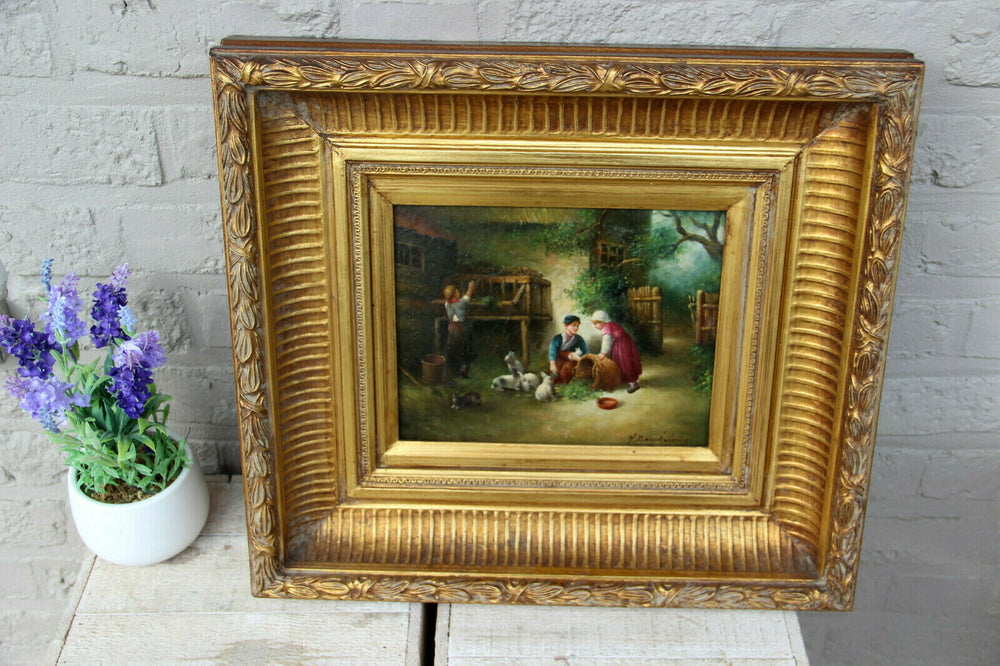 Antique oil panel painting farm scene feeding rabbits kids signed