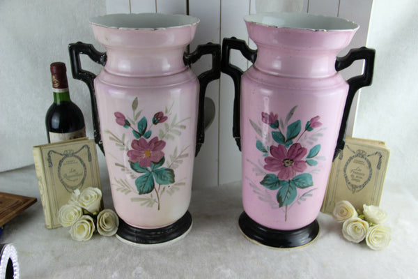 PAIR XL French antique faience Rose napoleon scene Vases 1920