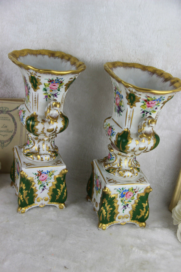 PAIR old gorgeous vieux paris porcelain Vases floral decor marked 1950's