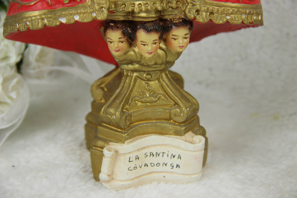 Rare Antique French chalkware MAdonna statue de COVADONGA Spanish putti angels