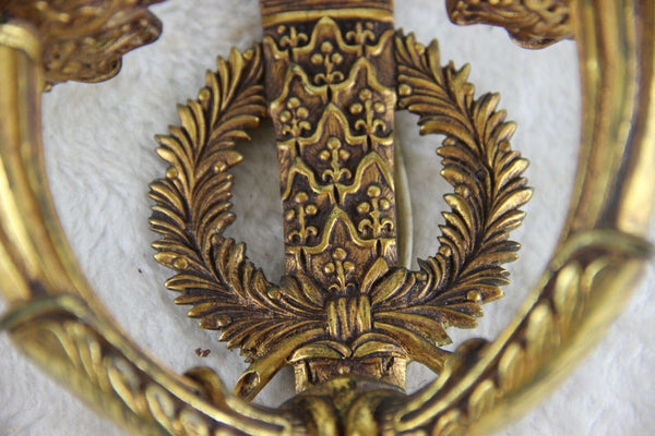 PAIR antique french brass Wall lights sconces Laurel fleur de lys 1930's flame