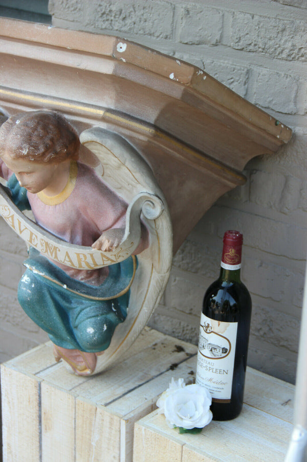 Huge Religious Church antique Plaster polychrome wall console angel