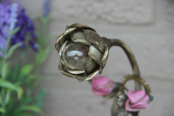 Antique French Notre dame LOURDES Spelter music box porcelain flowers lamp