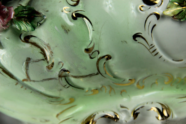 Huge italian Majolica centerpiece lidded bowl relief flowers