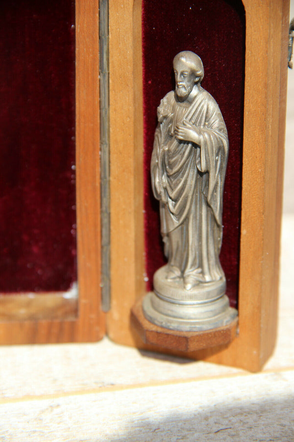 Antique French Religious travel triptych Crucifix Madonna joseph statue velvet