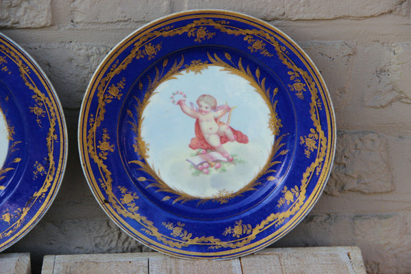 PAIR antique French porcelain Plates putti angel figurine sevres