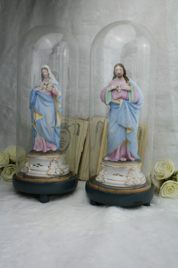PAIR 19thc FRENCH VIEUX old paris porcelain Holy mary Jesus religious globe