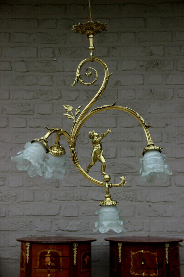 Gorgeous French bronze putti angel 4 arm chandelier pendant lamp shades n1