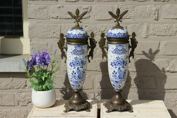 PAIR antique Delft blue white pottery bird floral decor Vases urns