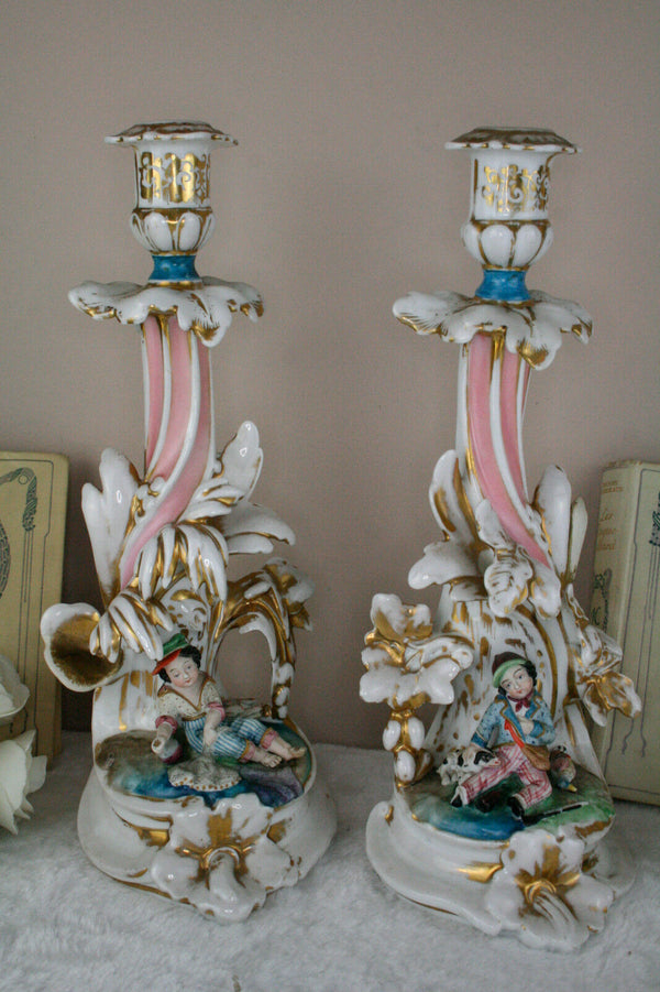 Antique Pair  French  porcelain hunt dog vases candle holder attr. jacob petit