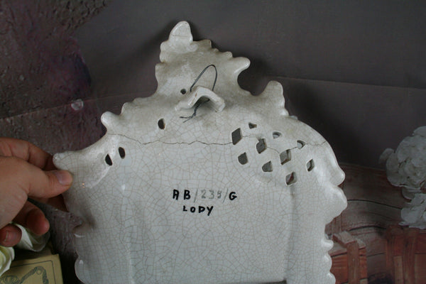 French vintage Majolica Biscuit Craquele Wall Antique Letter holder Flowers