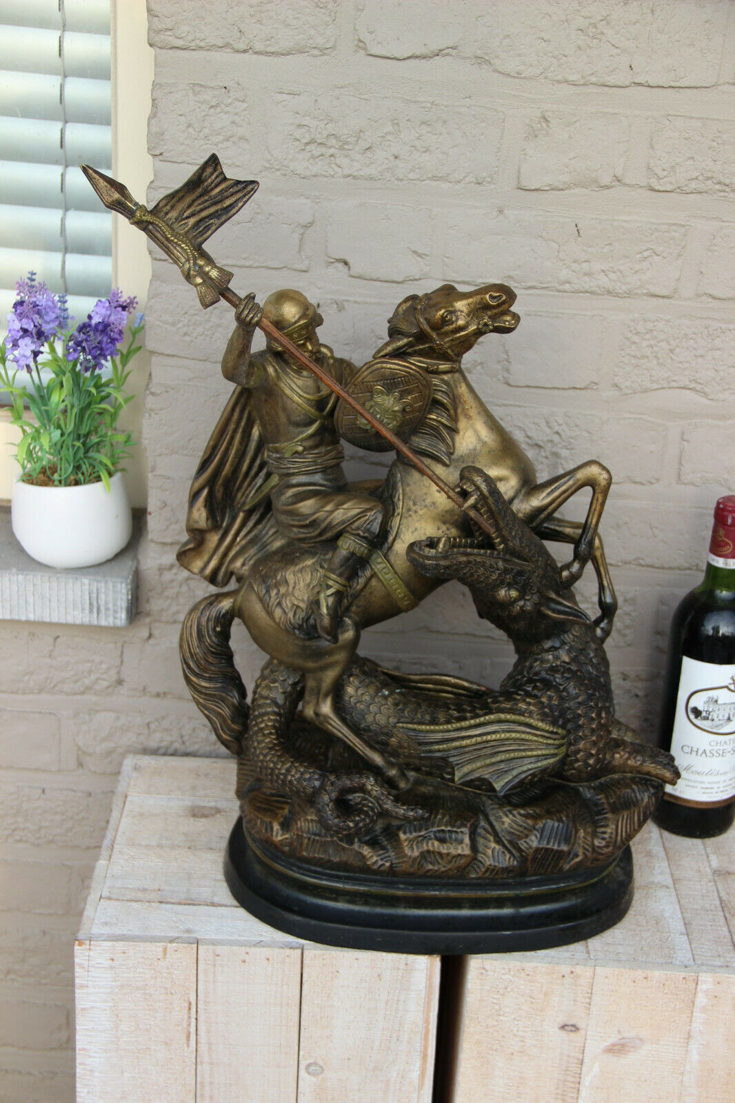 Antique XL French Group Terracotta Saint George Dragon Statue religious