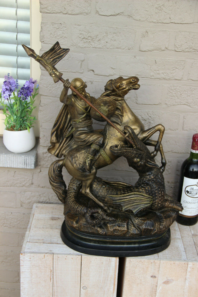Antique XL French Group Terracotta Saint George Dragon Statue religious