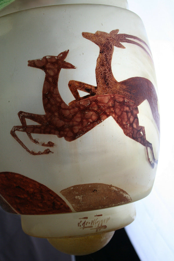 ART DECO Pendant chandelier antilope Deer enameled glass 1930 signed