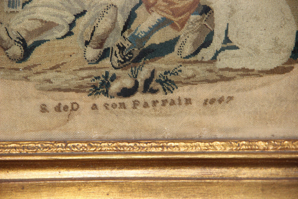 Antique very old 1847 signed needlework painting framed french school friendship