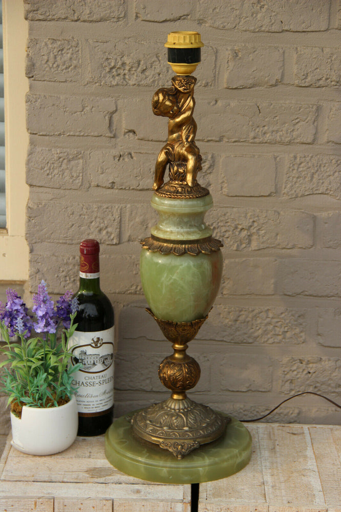 Huge French angel putti metal figurine onyx marble table lamp 1960