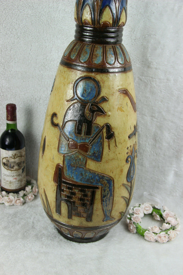 XL ART DECO Belgian CERAMIC Vase Signed DUBOIS Egypt god bird theme