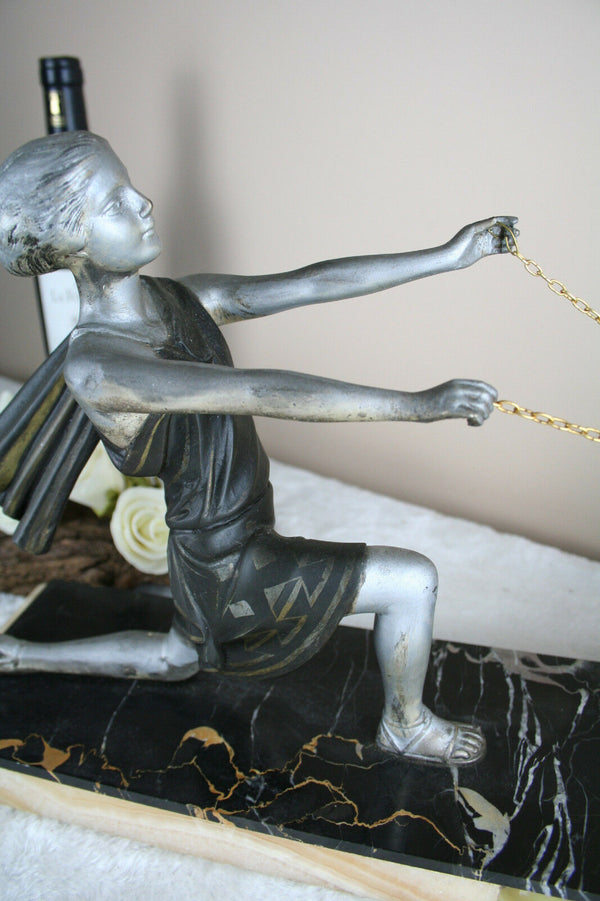 Art deco French spelter Group Lady dogs whippets marble base statue sculpture